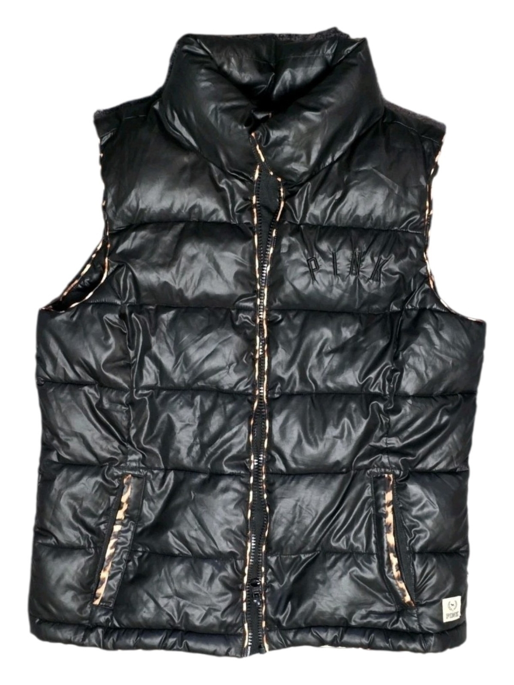 PINK Black Quilted Puffer Vest with Leopard Trim. Ladies size Small 2014 season.